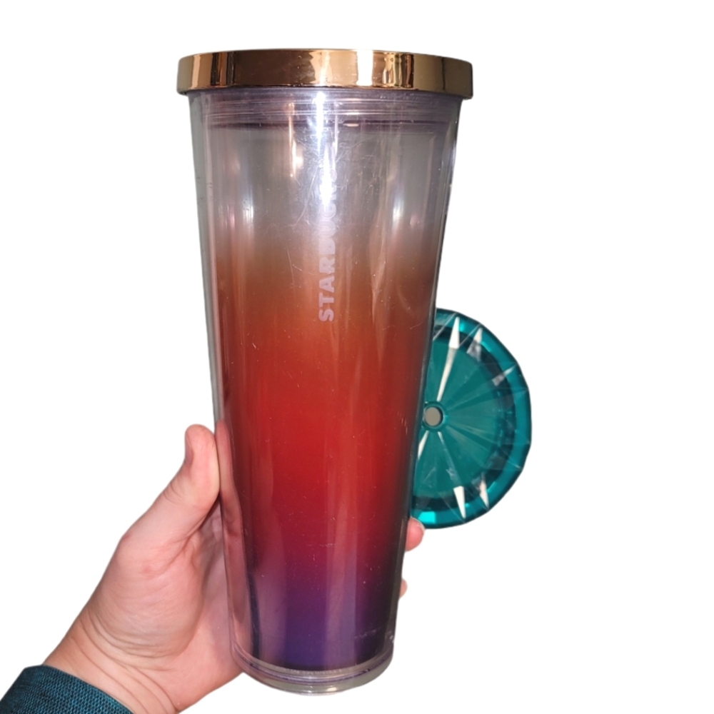 Venti Starbucks Double Walled Tumbler Ombre Colorful Rose Gold Teal Faceted lid